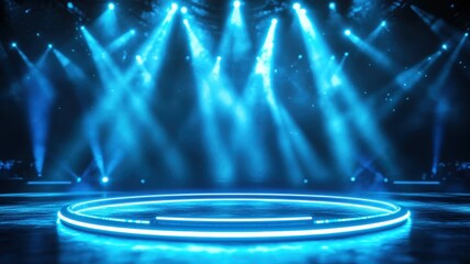 Dynamic circular light patterns spinning over stage in concert venue illuminated artistic display