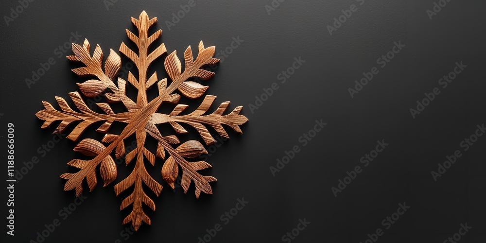 Poster a detailed view of a classy wooden snowflake with a large copy area for backdrop use on a glossy bla