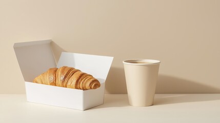 Open white paper box holds croissant. Beside box paper cup of coffee. Morning breakfast scene. Simple, clean minimalist design. Bakery product mockup. Suitable for branding, product presentation.