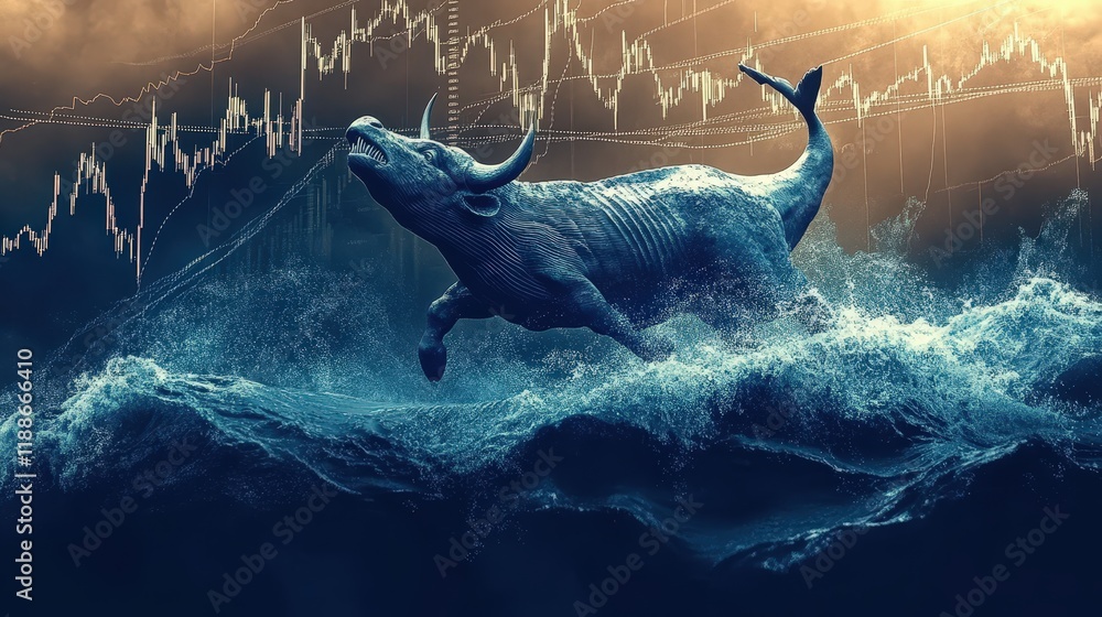 Poster dynamic bull breaking waves with financial graph in background