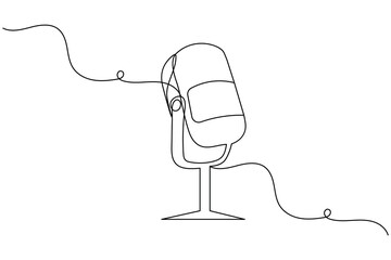 Obraz premium Microphone continuous one line drawing and, Microphone icon isolated flat vector illustration