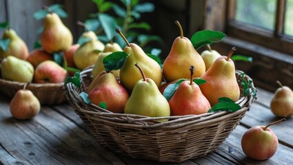 Fresh pears artfully arranged in rustic basket