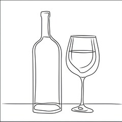 Wine Bottle and Glass Simple Line Drawing