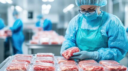 Optimizing Storage for Food Safety and Quality Assurance concept. Worker packaging fresh meat in a hygienic food processing facility.