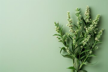 An above perspective and a close-up of A bunch of the ragweed on a stark white background with a large content area for backdrop or textual usage, Generative AI.