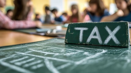 Educational tax workshop with chalkboard display classroom setting interactive learning environment