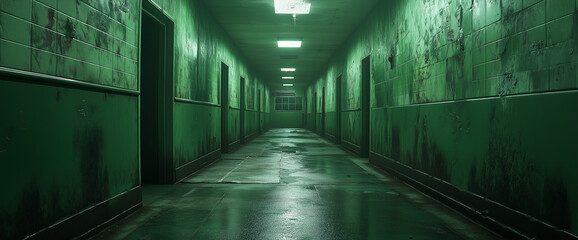 A long and empty hospital hallway with green walls, dirty concrete floors, peeling paint on the walls, and dim lighting, evoking a horror movie atmosphere, realistic and cinematic in style.