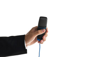 Man with microphone on white background, closeup