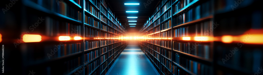Poster illuminated library corridor futuristic archive digital content high-tech environment perspective vi