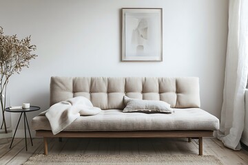 Scandinavian home interior featuring a cozy sofa, wooden floor, mid-century furniture, and soft textures on a minimalist white backdrop.