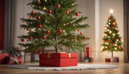 A minimalist red box sits atop a simple yet elegant Christmas tree, simplicity, modern, decoration