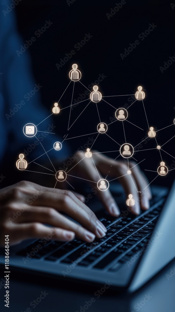 Poster person uses laptop. social media network connection visualized. hands type on laptop keyboard. abstr