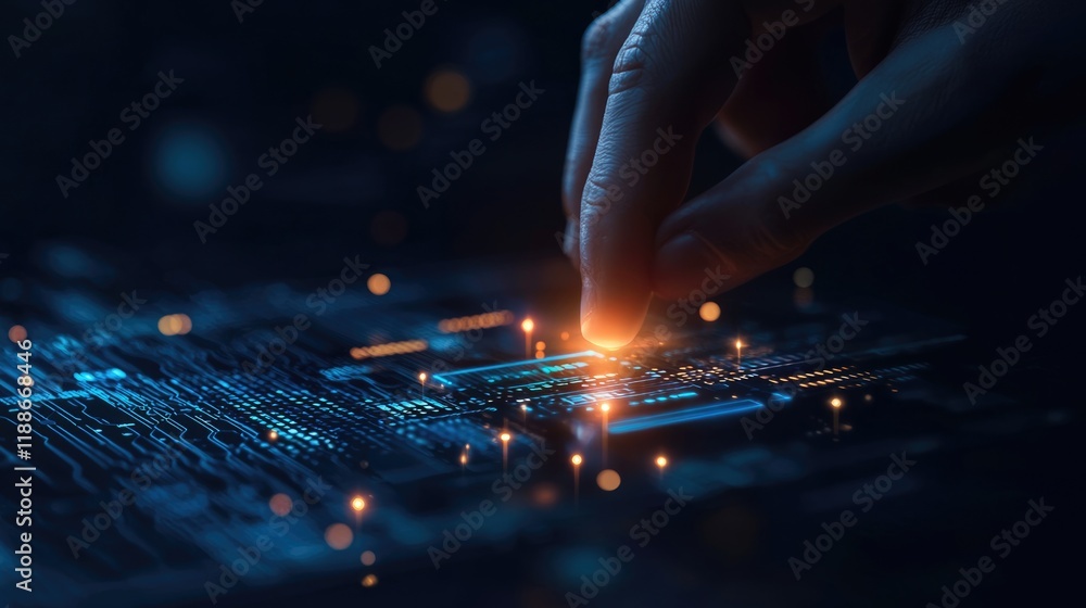 Poster innovative technology interaction digital workspace close-up image futuristic environment focused vi