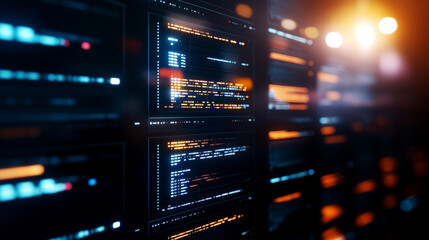 Data analysis event server room digital information display high-tech environment close-up view data visualization techniques