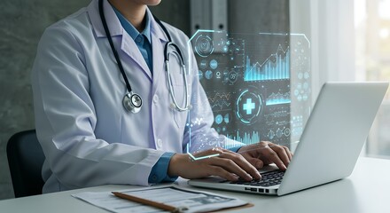A doctor in a white coat using a laptop with a stock market chart and a digital screen background
