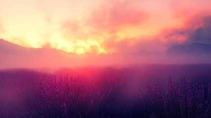 Fototapeta premium Misty Lavender Field Sunrise: A Serene Landscape