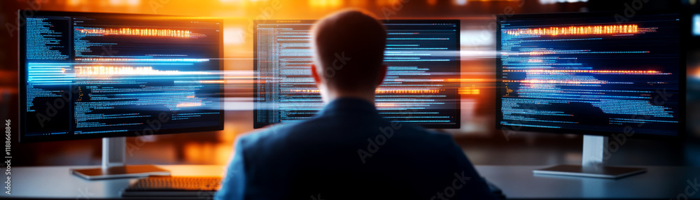 Poster monitoring cybersecurity threats an analyst's workspace high-tech office digital analytics environme