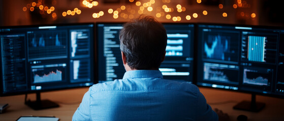 Data analysis insights modern office digital workspace nighttime ambiance rear view technology concepts for data-driven decision making