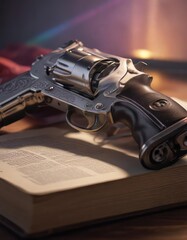 Obraz premium A nickel plated revolver on top of an open bible in a subtle rainbow glow , metallic finish, subtle rainbow glow