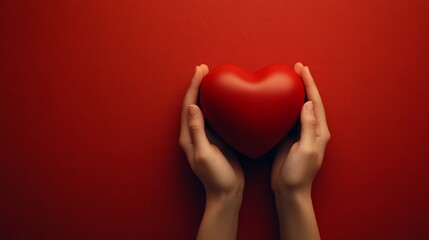 Obraz premium Hands gently cradling a red heart on a red background.