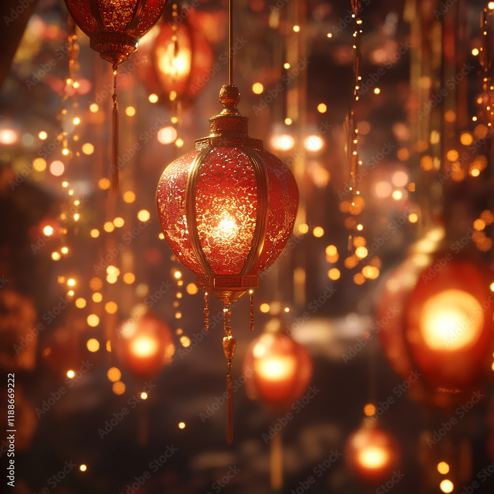Poster glowing red lanterns with golden details and festive bokeh lights