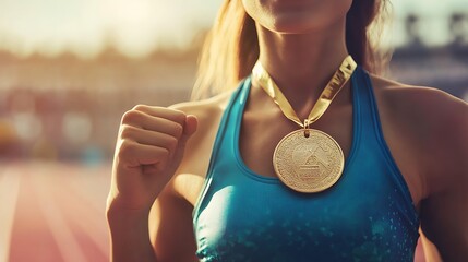 Close-up of a female athlete wearing a gold medal, celebrating victory.