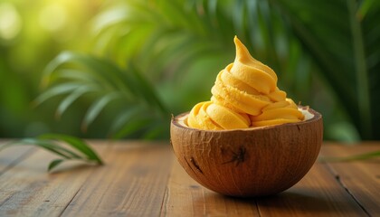 Tropical mango sorbet in a coconut shell with sunshine