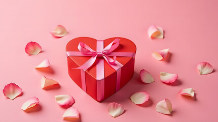 Red heart shaped gift box with pink ribbon and rose petals on pink background for Valentine's Day.