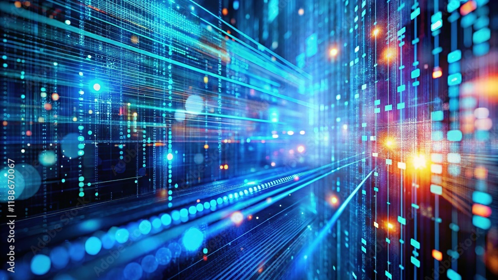 Poster abstract binary code blue screen blur long exposure stock photo