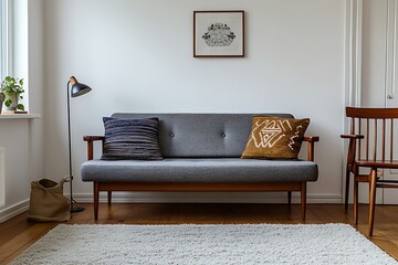Scandinavian living room with a stylish sofa, wooden floors, mid-century furniture, and soft carpet, set against a crisp white background.