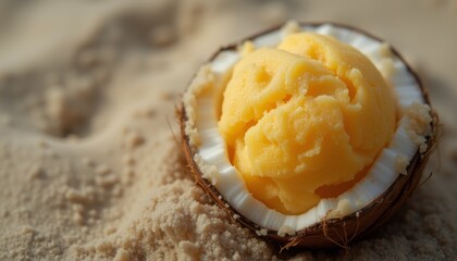 Tropical mango sorbet in a coconut shell with sunshine