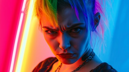 Fototapeta premium A young woman with vibrant rainbow-colored hair glares intensely at the camera, with a dazzling rainbow-colored neon light illuminating the background