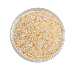 Oat bran in bowl isolated on white, top view