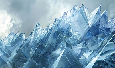 Crystalline mountain peaks with dynamic blue and gray tones and shimmering reflections