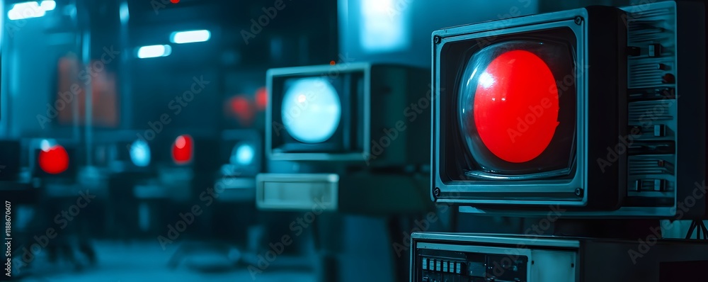 Aufkleber a close-up view of vintage computer monitors displaying vibrant red and blue lights in a dimly lit r