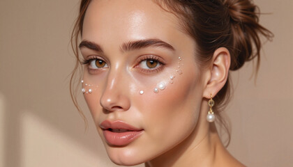 Naklejka premium Radiant young woman displaying high-end rococo makeup with pearls, elegance