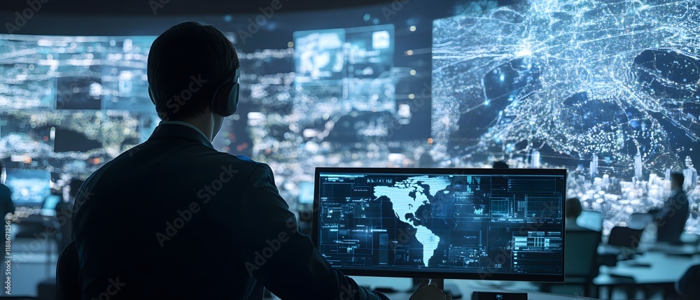 Poster a focused technician monitors multiple screens displaying complex data and global networks, illustra