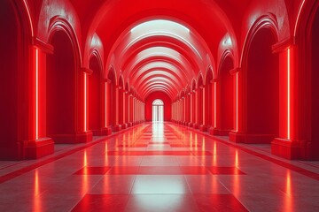 Obraz premium Minimalist red hallway with lights and geometric shapes, 3D rendering, high-resolution photography.