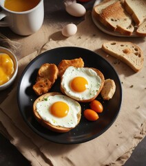 A plate of two fried eggs served with a side of warm, crusty bread for dipping in the runny egg yolks, eggs, rich flavors, plate