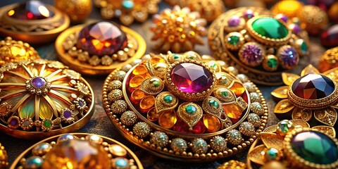 Elegant Golden Brooches with Precious Stones: Luxury Jewelry Collection Stock Photo