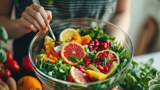 Close up of athletic woman eating a healthy fruit bowl in the kitchen at home
