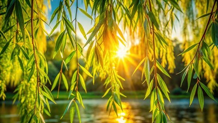 Golden Sunlight Filtering Through Willow Tree Leaves - Tranquil Nature Scene