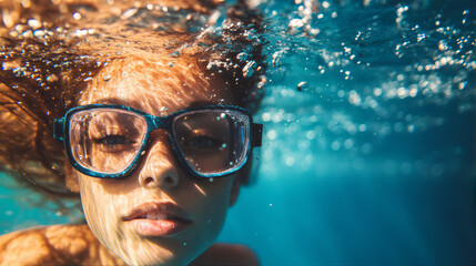 Fototapeta premium Person wesring glasses in swimming pool. Underwater swimming hobbies and leisure vacation diving sport experience 