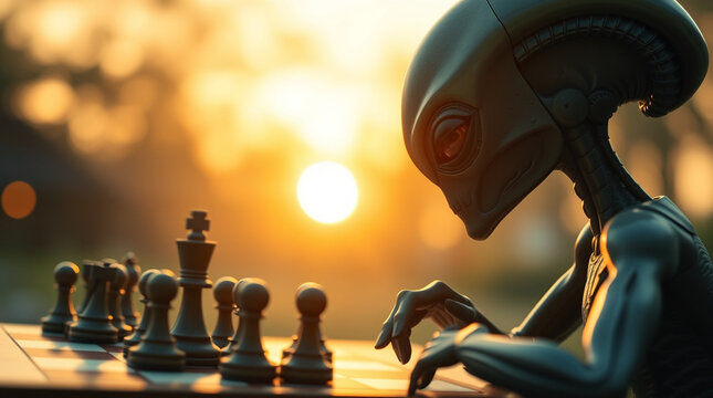 Alien playing chess at sunset.  A strategic game unfolds under a golden sky.