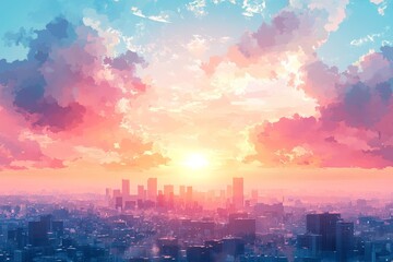 Pastel watercolor sky with clouds and city skyline, soft dreamy colors, sunset lighting, panoramic view, serene atmosphere in digital art style.