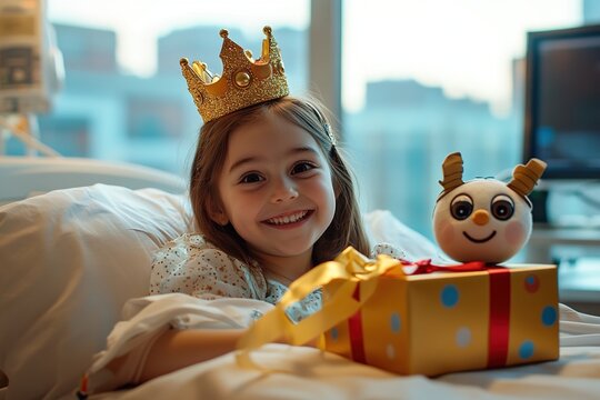 Child Wearing Crown Receives Gift in Hospital Bed Joyfully