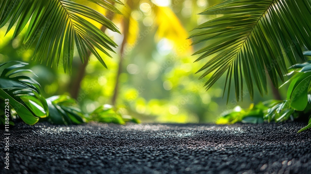 Poster tropical foliage frames a blurred bokeh background with focus on a dark pebbled foreground creating 