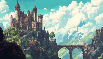 A stunning castle perched atop a rocky mountain, surrounded by dramatic clouds and a lush landscape. This picturesque scene captures the essence of fantasy and adventure.