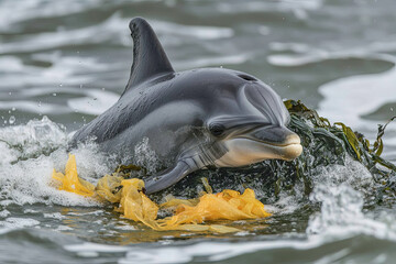 Obraz premium A dolphin with plastic debris caught around its fin, struggling in the ocean