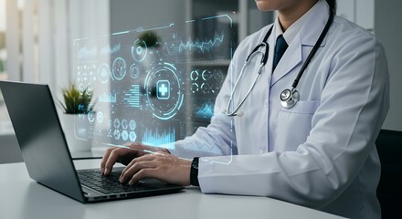 A doctor in a white coat using a laptop with a stock market chart and a digital screen background

